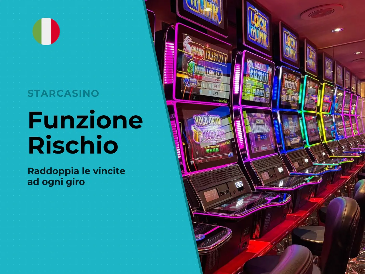 La funzione Gamble (Rischio). Ogni vincita nel gioco base attiva la funzione opzionale **"Rischio"**. Il meccanismo è semplice: il giocatore può tentare di raddoppiare l'importo vinto indovinando il c